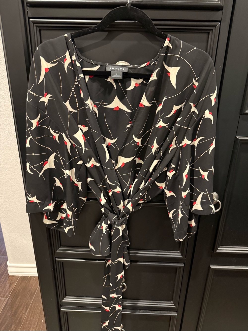 Trouve Black Tie-Front Blouse with Cream & Red Print